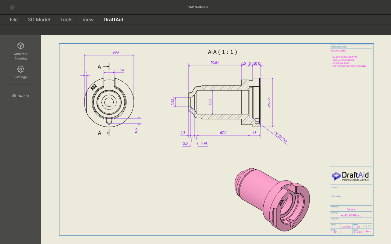DraftAid drawing workspace showing dimensioned front and section views of a machined part